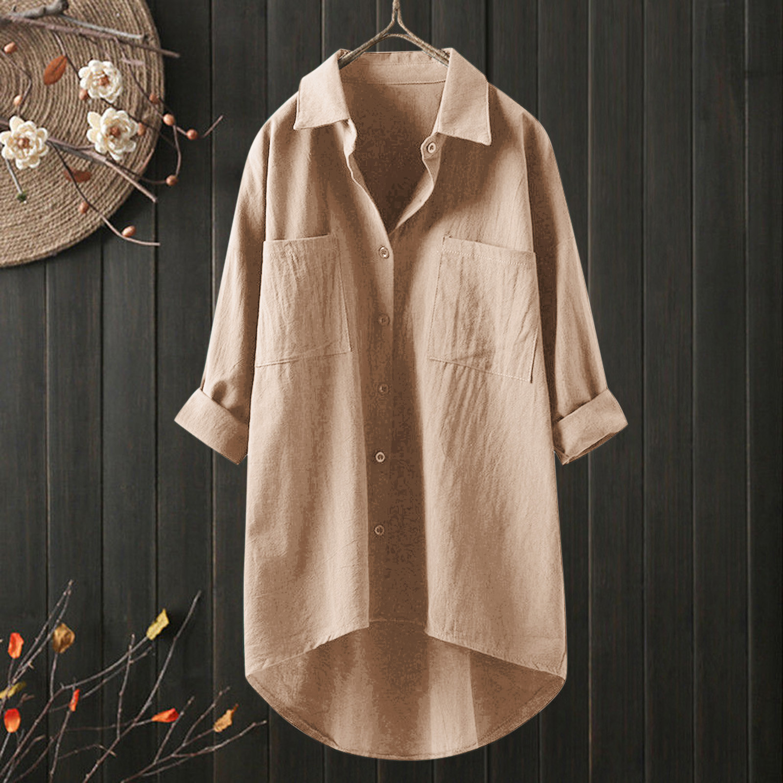 thumbnail image 2 of Blusa de trabajo con botones para mujer: camisa lisa de manga larga, poliéster, cuello en V abotonado, bolsillo en el pecho, estilo informal de negocios, tallas S-XXXL, contorno de pecho 114-144 cm., 2 of 4